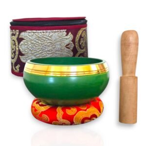 4” tibetan singing bowl set – includes handmade cushion, wooden mallet & hand stitched case – chakra healing, meditation sound bowl – made in nepal (green)