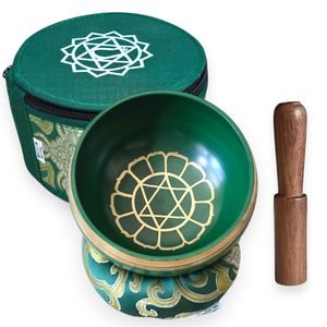 Chakra Singing Bowls: Find Your Sound for the Heart, Throat, and Crown Green heart chakra singing bowl with Yam mantra and 12-petal lotus, handmade in Nepal