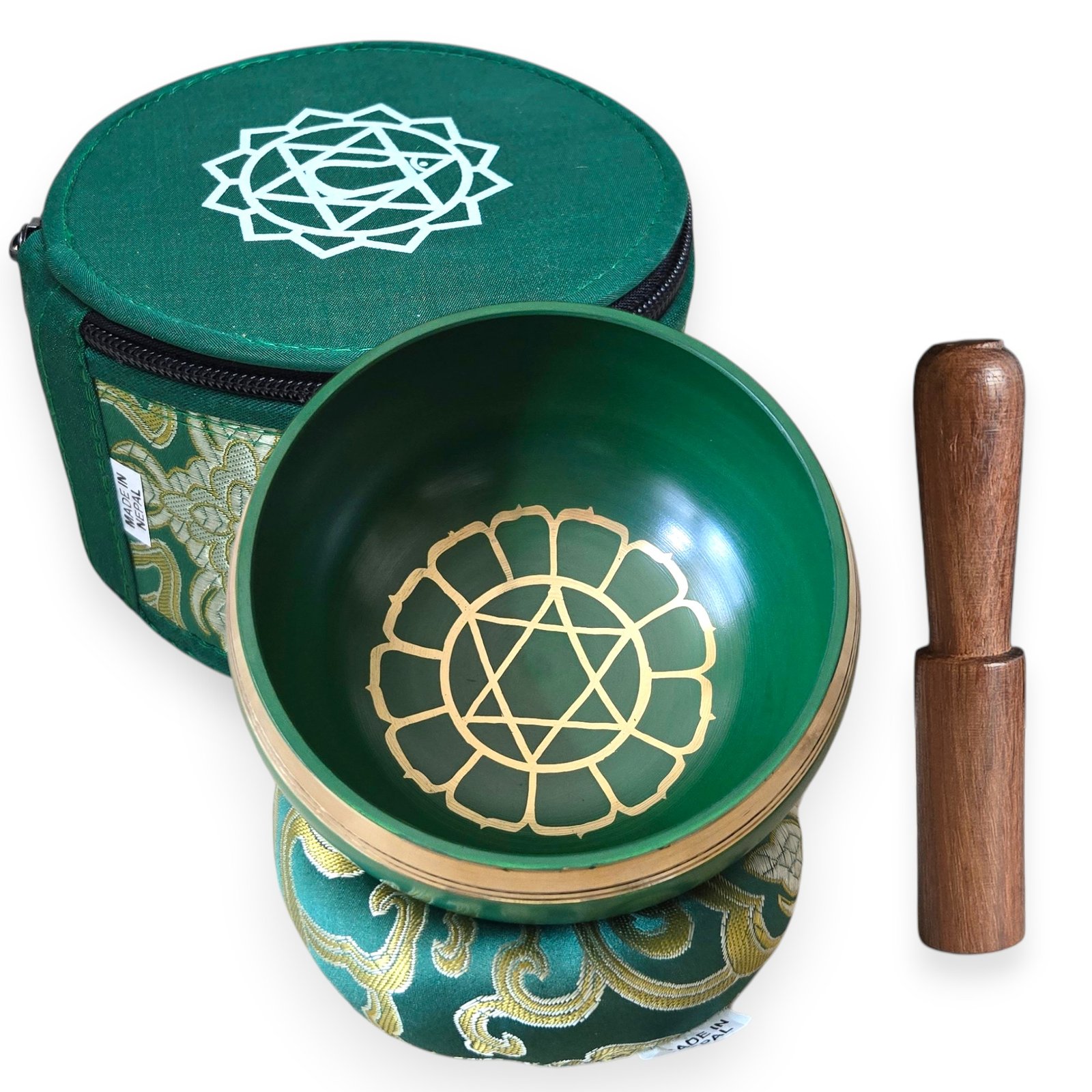 Green heart chakra singing bowl with Yam mantra and 12-petal lotus, handmade in Nepal