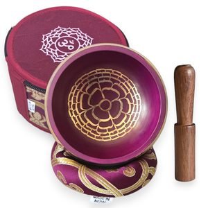 Chakra Singing Bowls: Find Your Sound for the Heart, Throat, and Crown Purple crown chakra singing bowl with Om symbol and thousand-petal lotus, handmade in Nepal